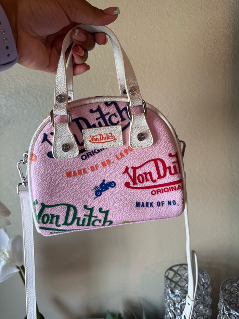 Von Dutch Pink Logo Print Dome Crossbody Bag with White Trim